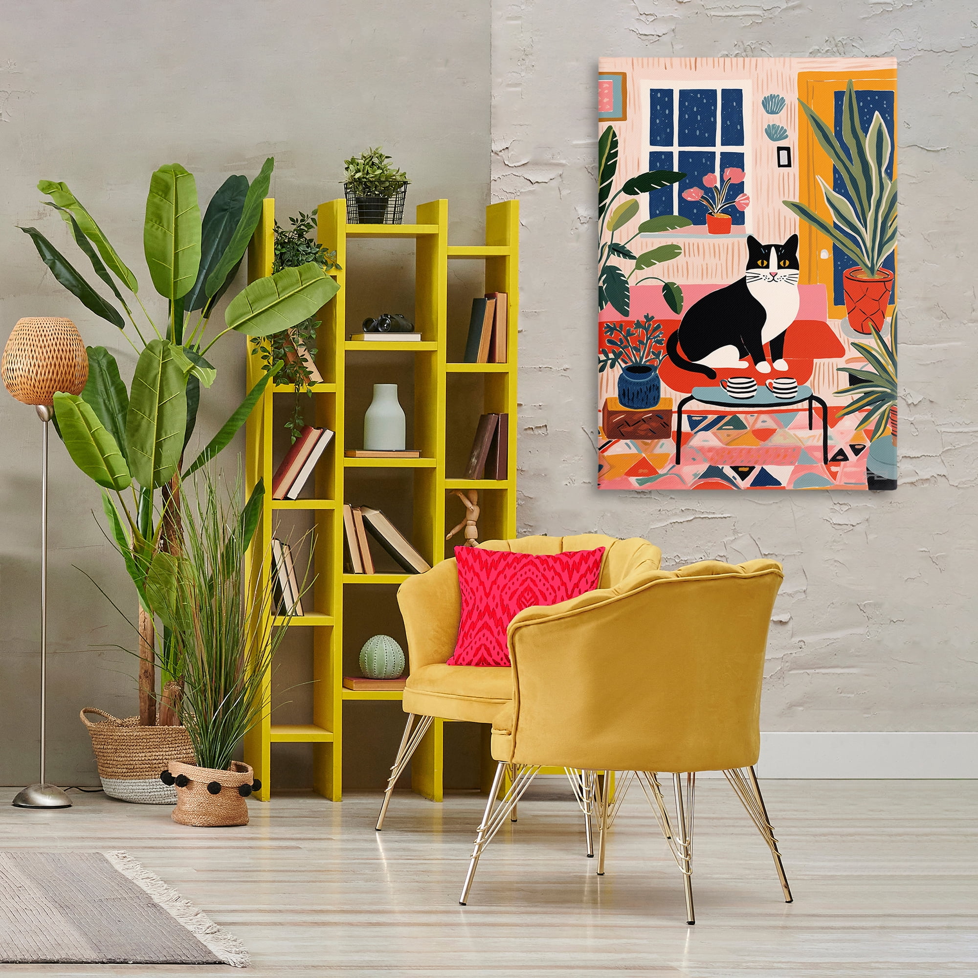 Stupell Industries Eclectic Living Room Cat Animals & Insects Painting Gallery Wrapped Canvas Art Print Wall Art, 30 x 45
