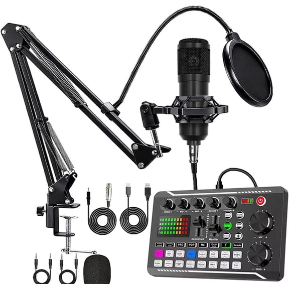 Podcast Microphone Bundle, Live Sound Card Kit with BM-800 Condenser, Podcast Equipment Bundle with Voice Changer and Mixer Functions, for PC Smartphone Studio Recording, Broadcasting, Live Streaming