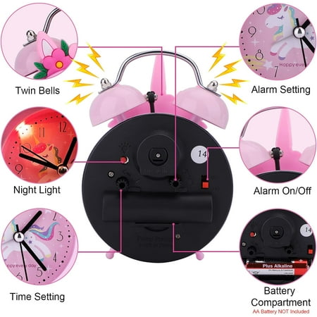 TCJJ Unicorn Alarm Clock Girl, Non-Ticking Kids Alarm Clock Girl,Silent Bedside Pink Alarm Clock, Loud Double Bell Clock With Backlight,Suitable For School Gift