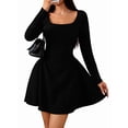 thumbnail image 2 of Women Square Neck Dress Casual Spring Long Sleeve Knit Pleated Elegant Classy Mini Dresses, 2 of 9