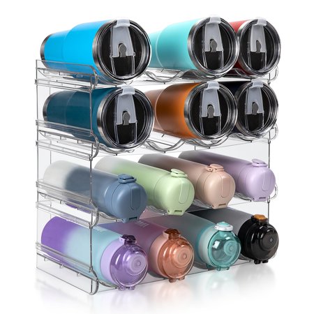 Stackable Water Bottle Organizer, Large Compartment Water Bottle Holder, 4 Tier Clear Water Bottle Organizer for Cabinet, Bottle Rack for Kitchen Organization and Storage - Hold 16 Bottles