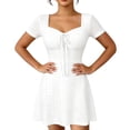 thumbnail image 2 of ClodeEU Women's Square Neck Front Tie Short Sleeve Mini Dress,Casual Slim Waist Flared A Line Sundress White,Women's Plus S, 2 of 5
