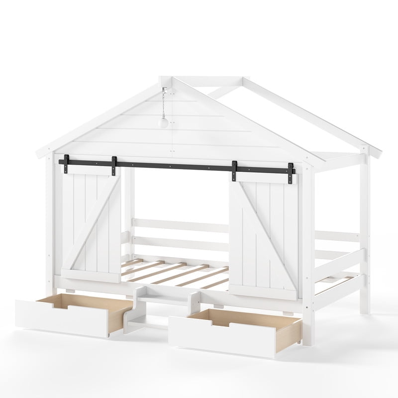 Twin Size Farmhouse House Bed with Sliding Barn Doors & Light Bulb, Wood Kid's Platform Bed Frame with Stair & Drawers
