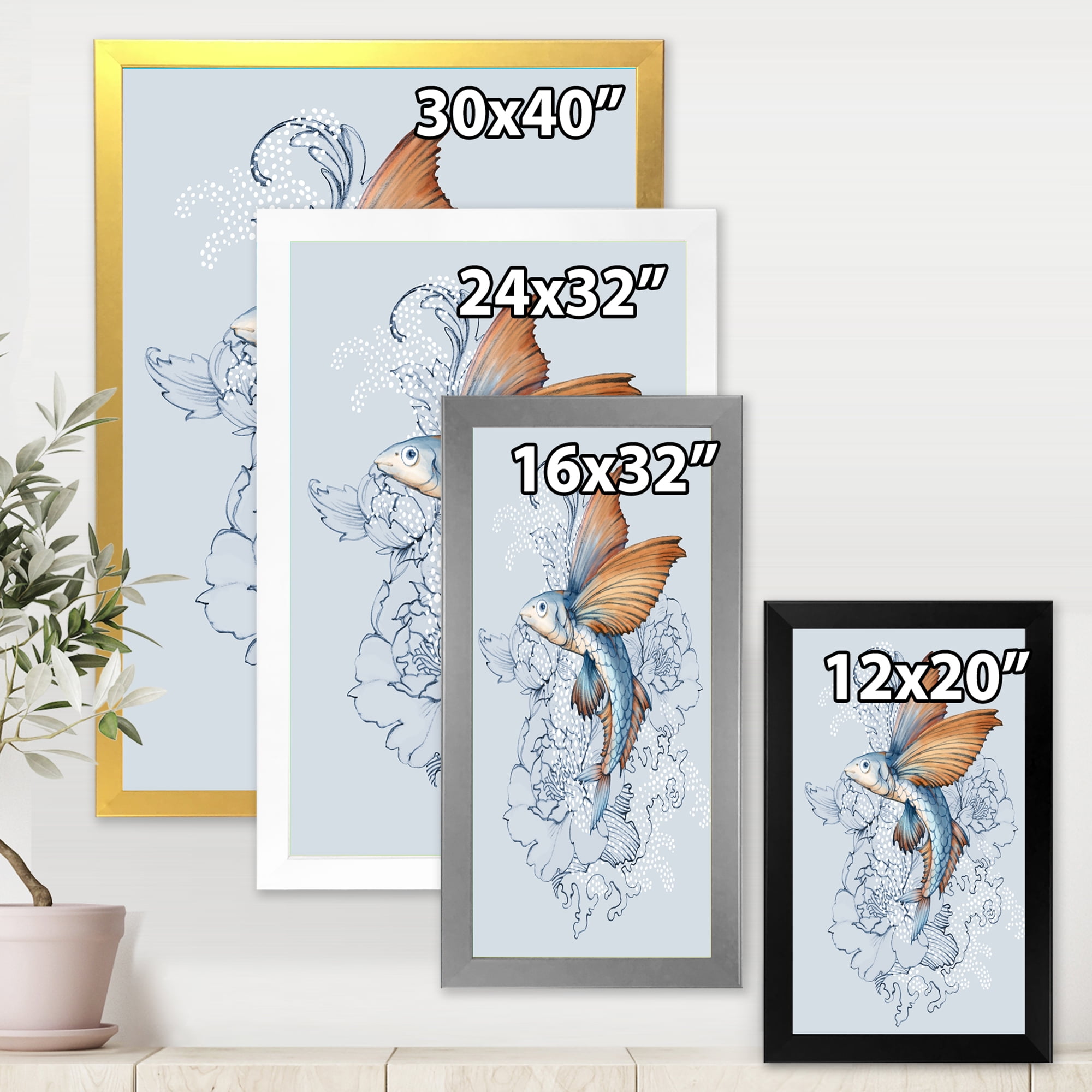 Designart 'Flying Fish and Peonies' Traditional Framed Art Print