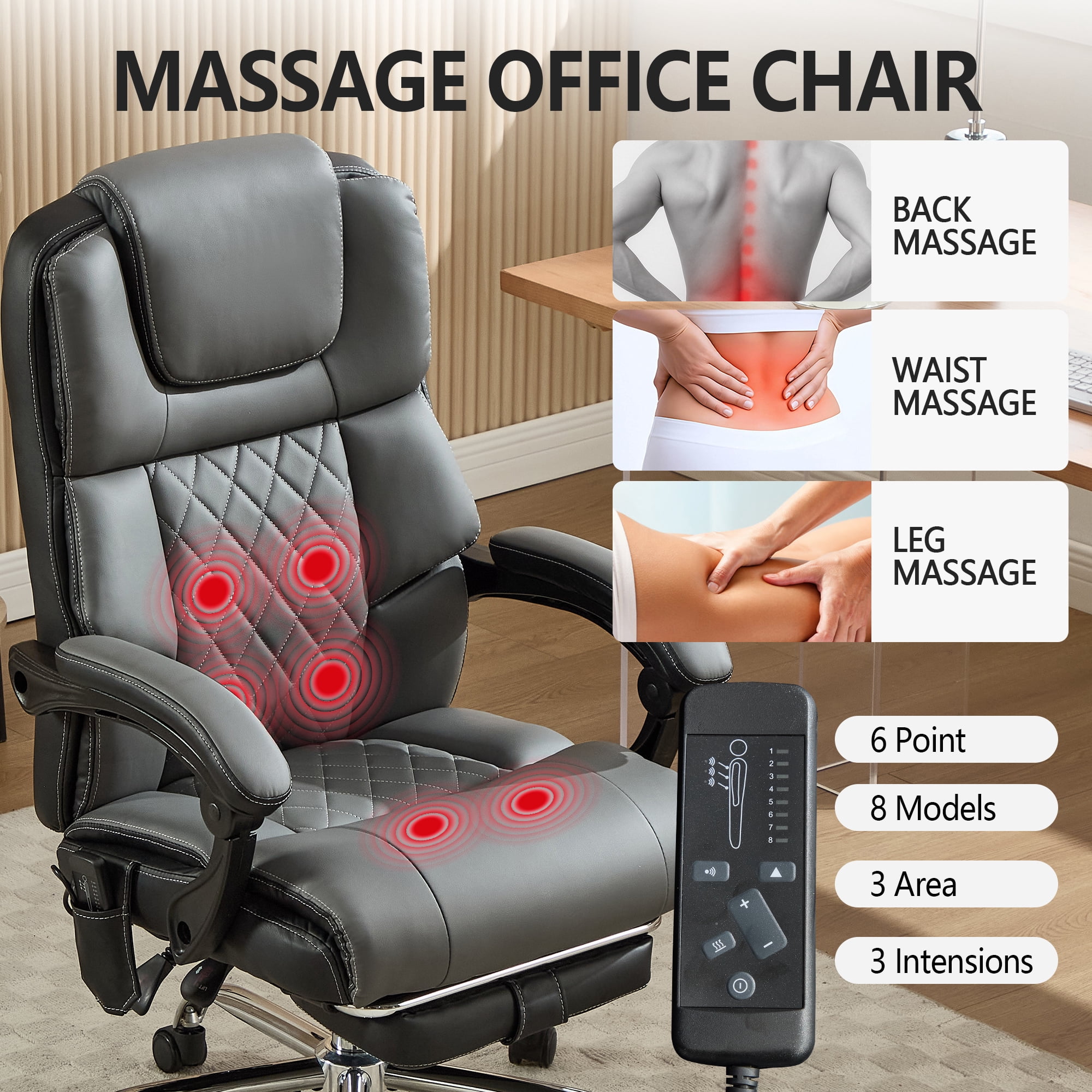Office Chair with 6-point Vibration Massage and  Shoulder Heated,Big and Tall Office Chair, Reclining Office Chair,Gray