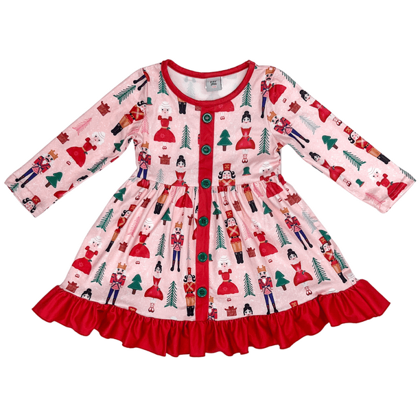 Dash of Glitter Girls Holiday Long Sleeve Pink Nutcracker Ruffle Dress