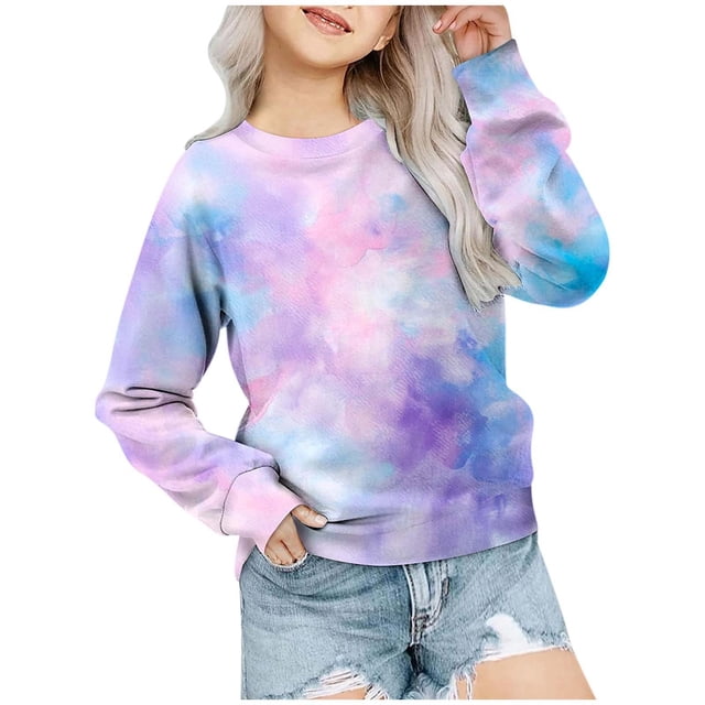 JAKANYQ Pull Décontracté à Manches Longues Col Rond Imprimé Teinture sur Nœuds pour Filles Printemps Violet Clair 2-3 Ans