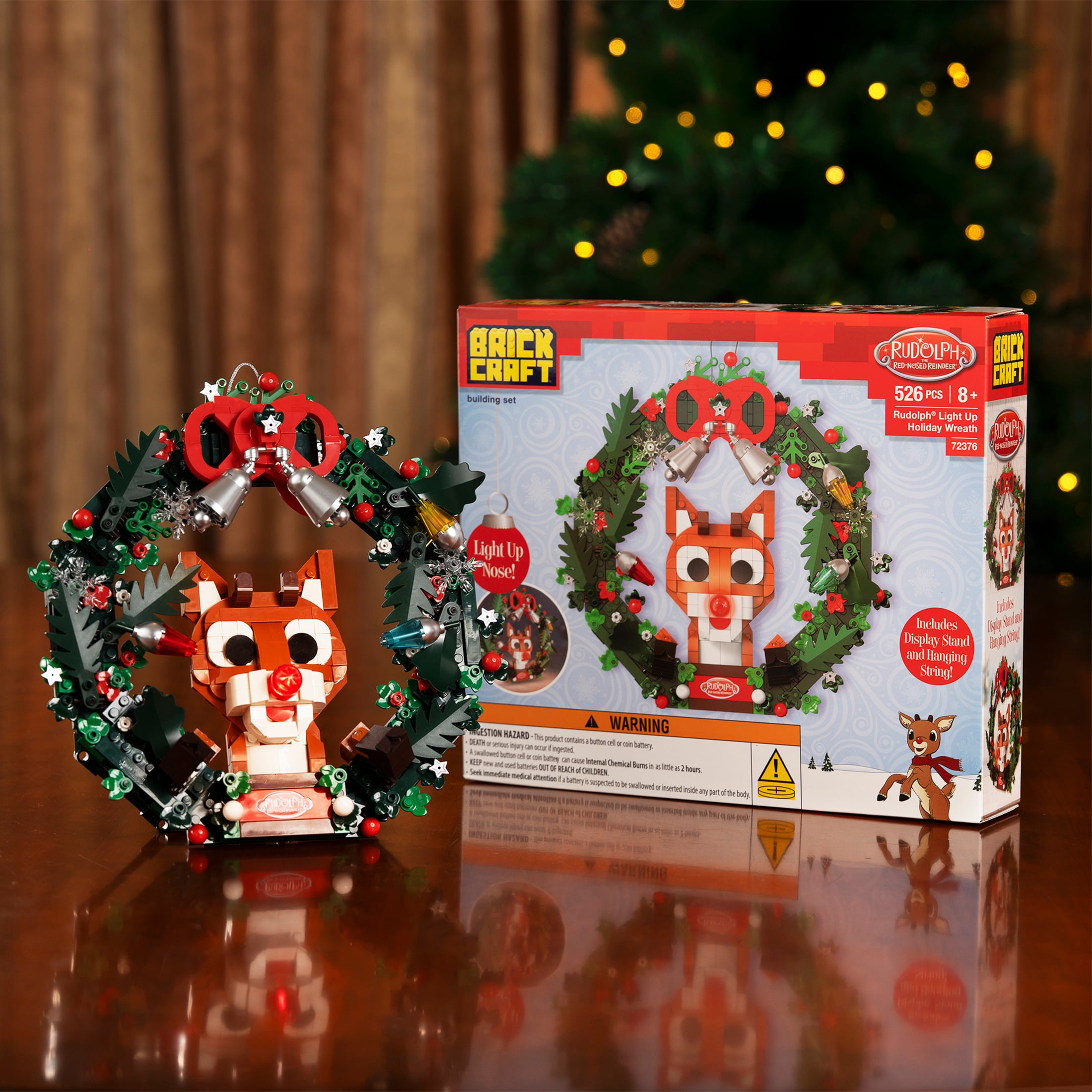 Brickcraft Rudolph the Red-Nosed Reindeer Light-Up Holiday Wreath Building Kit, 526-Piece Christmas Decoration Collectible
