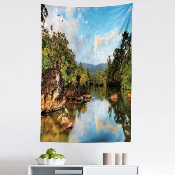 Tropical Tapestry, View of the Tropical Jungle River at the Beach of Masoala National Park in Madagascar, Fabric Wall Hanging Decor for Bedroom Living Room Dorm, 5 Sizes, Multicolor, by Ambesonne