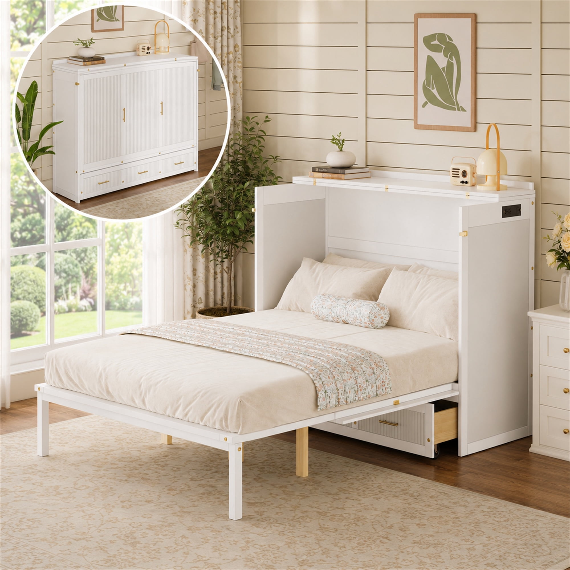 SESSLIFE Queen Size Murphy Bed with 3 Storage Drawers, Hidden Folding Bed with Charging Station, Multifunctional Storage Cabinet Bed for Guest Bedroom, Living Room, Office, White