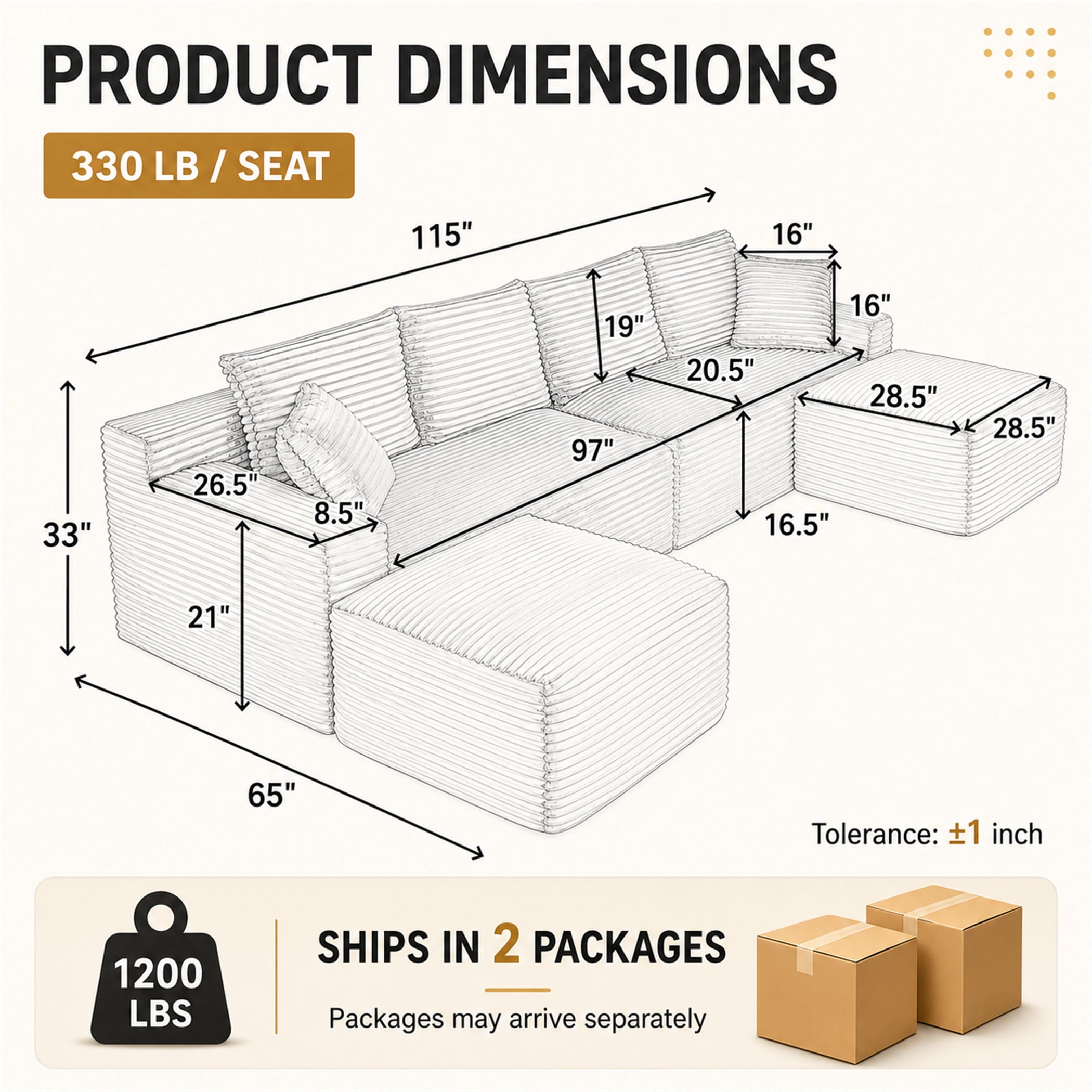 Aukfa 115" Cloud Sectional Sofa U Shape Modular Boneless Couch for Living Room, 2 Ottoman&Pillows, Corduroy, Orange