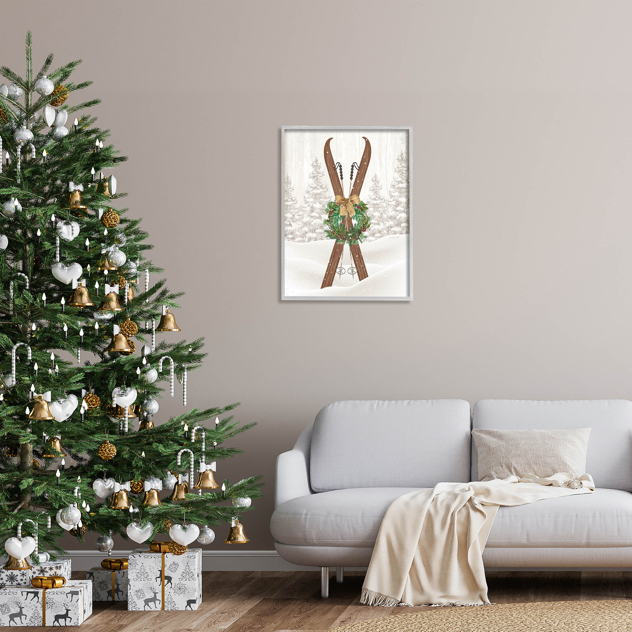 Stupell Industries Winter Skis Holiday Wreath Graphic Art Gray Framed Art Print Wall Art, Design by Jennifer Pugh