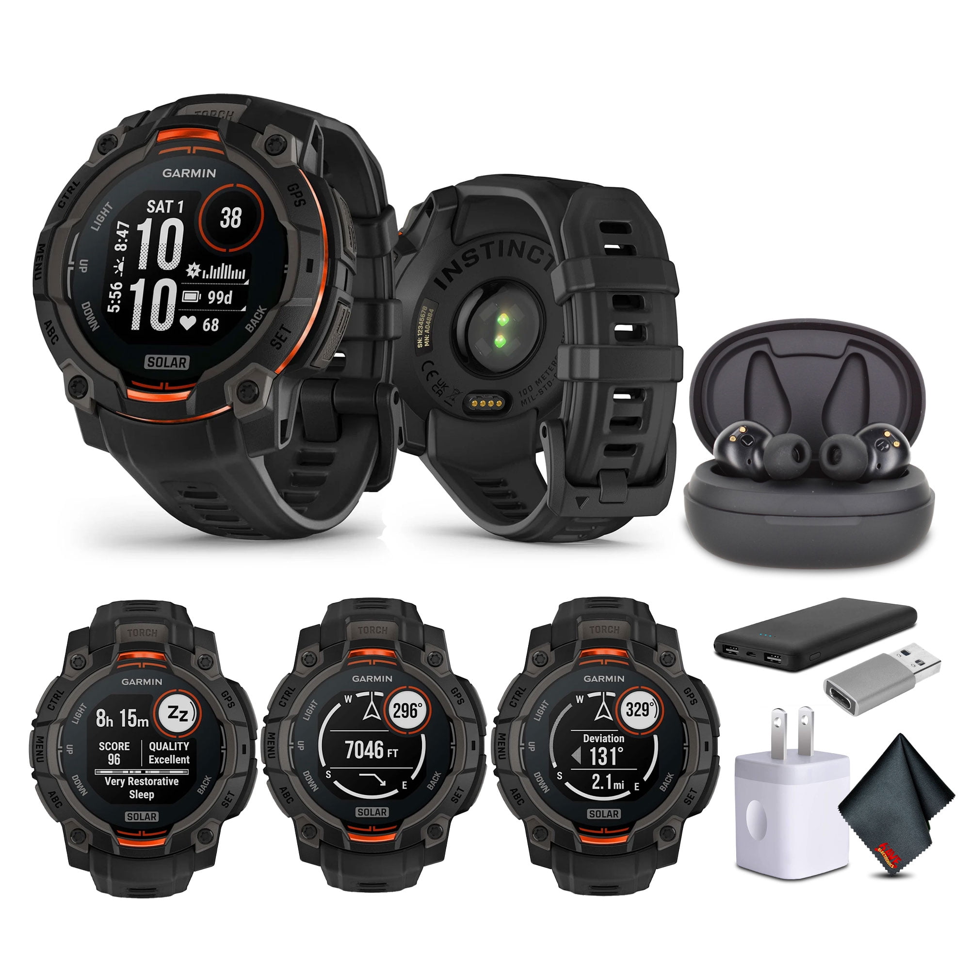 Garmin Instinct 3 45mm Smartwatch GPS Solar Charged Display Black (010-02934-00) Tactical Smart Watch Earbuds Bundle