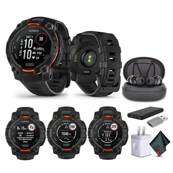 Garmin Instinct 3 45mm Smartwatch GPS Solar Charged Display Black (010-02934-00) Tactical Smart Watch Earbuds Bundle