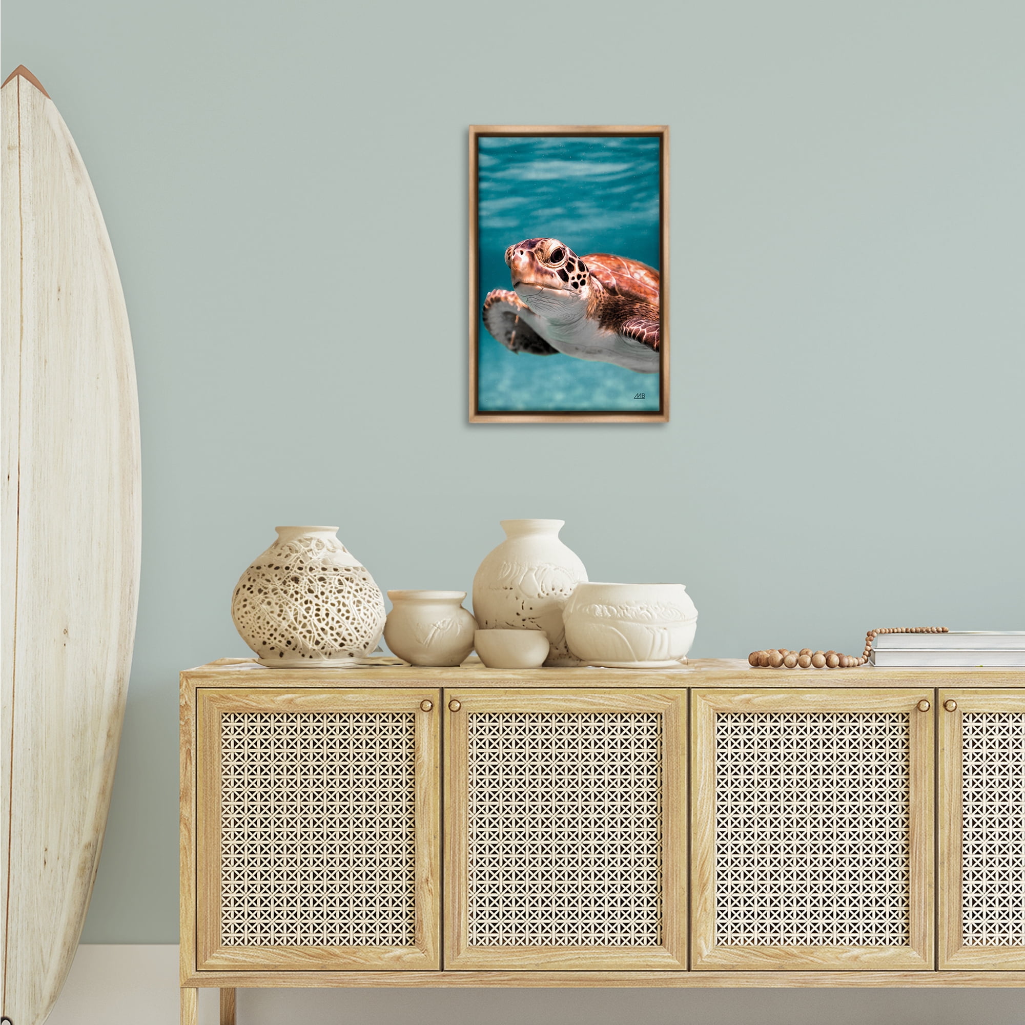 Stupell Industries Underwater Sea Turtle Swim Animals Photography Brown Floater Framed Canvas Art Print Wall Art, 17 x 25