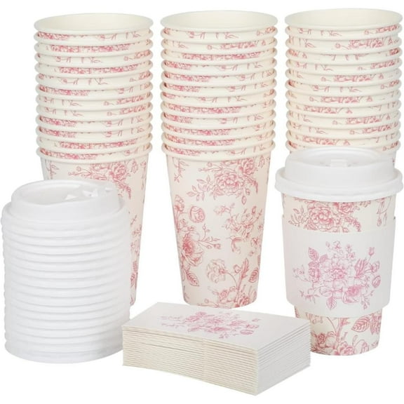 Floral Toile Coffee Cups with Lids & Sleeves Set of 25