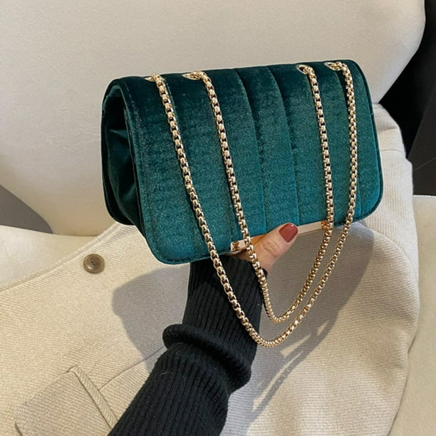 Bolso de mano pequeño cuadrado con cadena de terciopelo dorado
