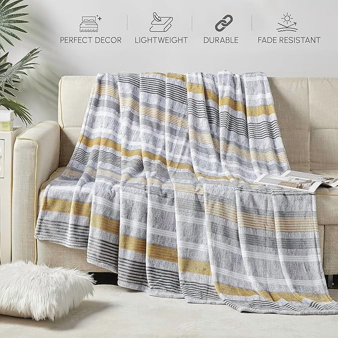 Elegant Comfort Soft Print Flannel Fleece Bed Blanket, Cozy-Fuzzy Lightweight Bedspread Coverlet, All season Decorative Blanket for Couch, Sofa, Striped Design, King Size, Brea Stripe