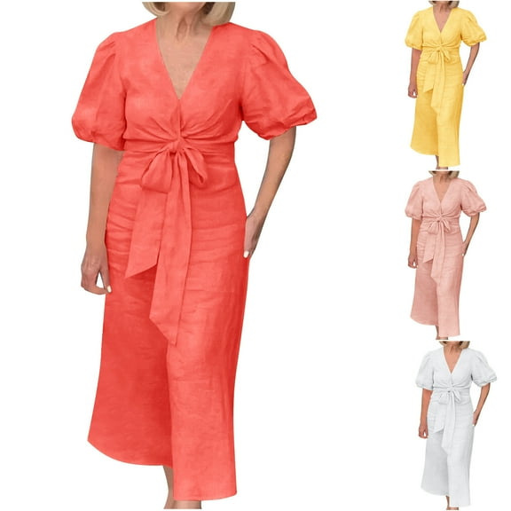 Jacenvly New Maxi Dresses for Women 2024 Women'S Summer Solid Color Short Sleeve V-Neck Dress Satiny Soft Casual Flowy Dresses for Women Pink