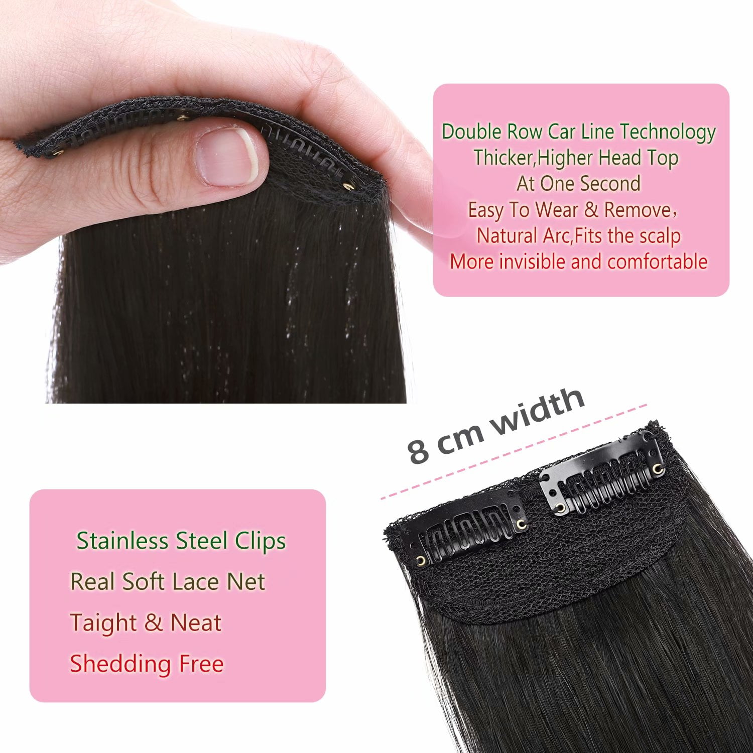 Benehair Clip in 100% Remy Human Hair Extensions Fluffy Hair Pad Invisible Hairpiece Topper Thickened Soft Thin Hair Black 2 Pieces