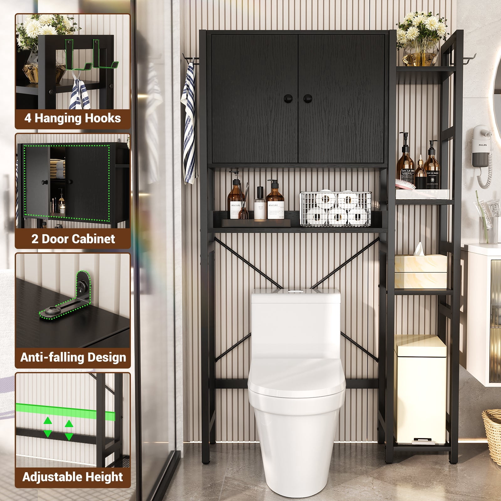 Over The Toilet Storage Cabinet with Doors, Homieasy 7 Tier Bathroom Organizer with Adjustable Shelf and 4 Hooks, Space Saving Rack for Bathroom, Restroom, Laundry