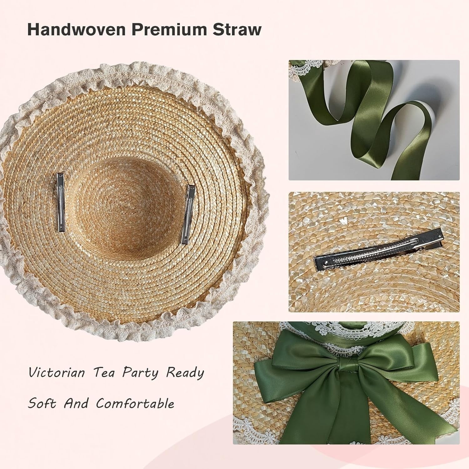 Kukuzhu Women Victorian Tea Party Sun Hat, Lolita Bows Flower Ribbon Flat Straw Hat Summer Beach Bonnet Cap for Travel