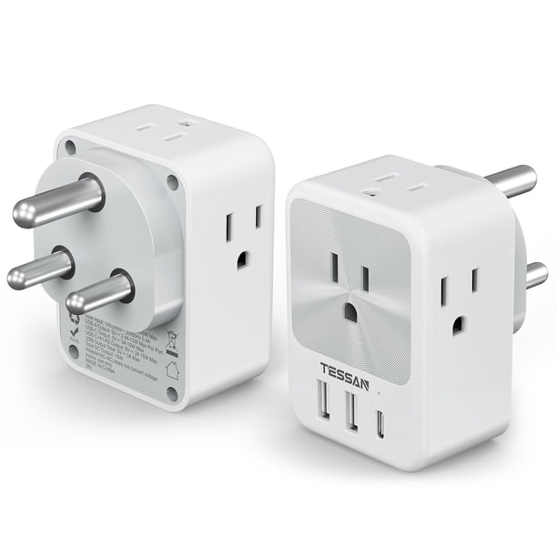 Adaptador de viaje TESSAN tipo D de EE. UU. a la India, paquete de 2 con puertos USB