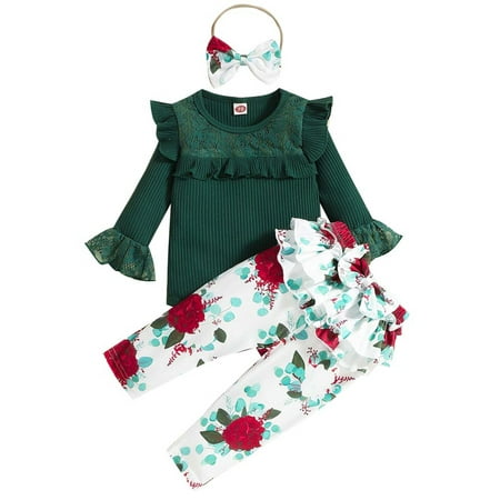 

PBaeM Baby Girls Floral Long Sleeve Romper Pants Headband 3 Piece Outfit Sets