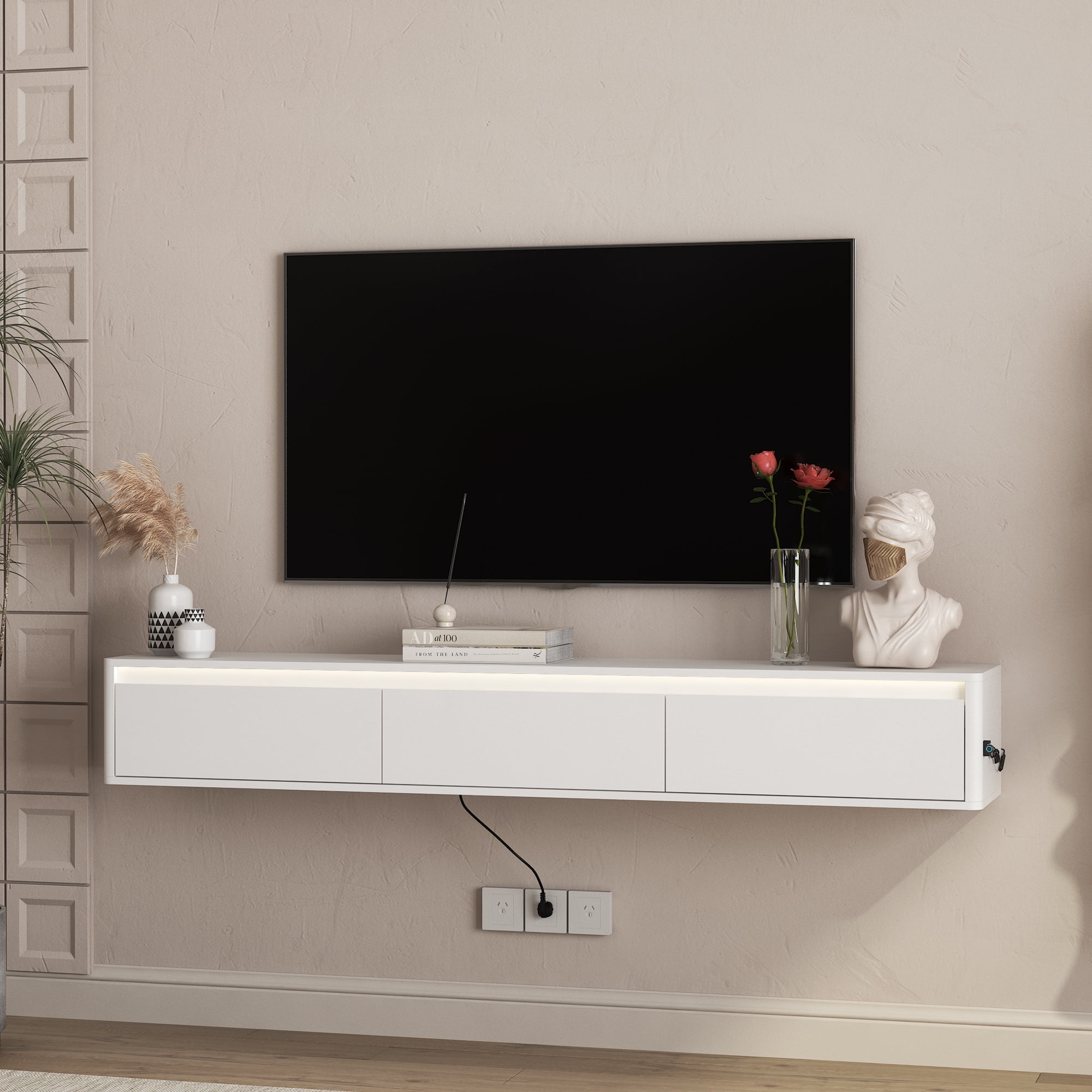 Aukfa Floating TV Stand for TVs up to 75",Wall Mounted TV Shelf High Gloss TV Cabinet with Led Lights & Power Outlet,White