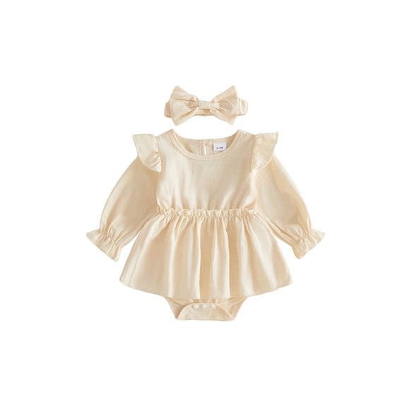 Loicainy Infant Baby Girl Romper Dress 3 6 9 12 18 Months Long Sleeve Round Neck Bodysuit and Headband Set