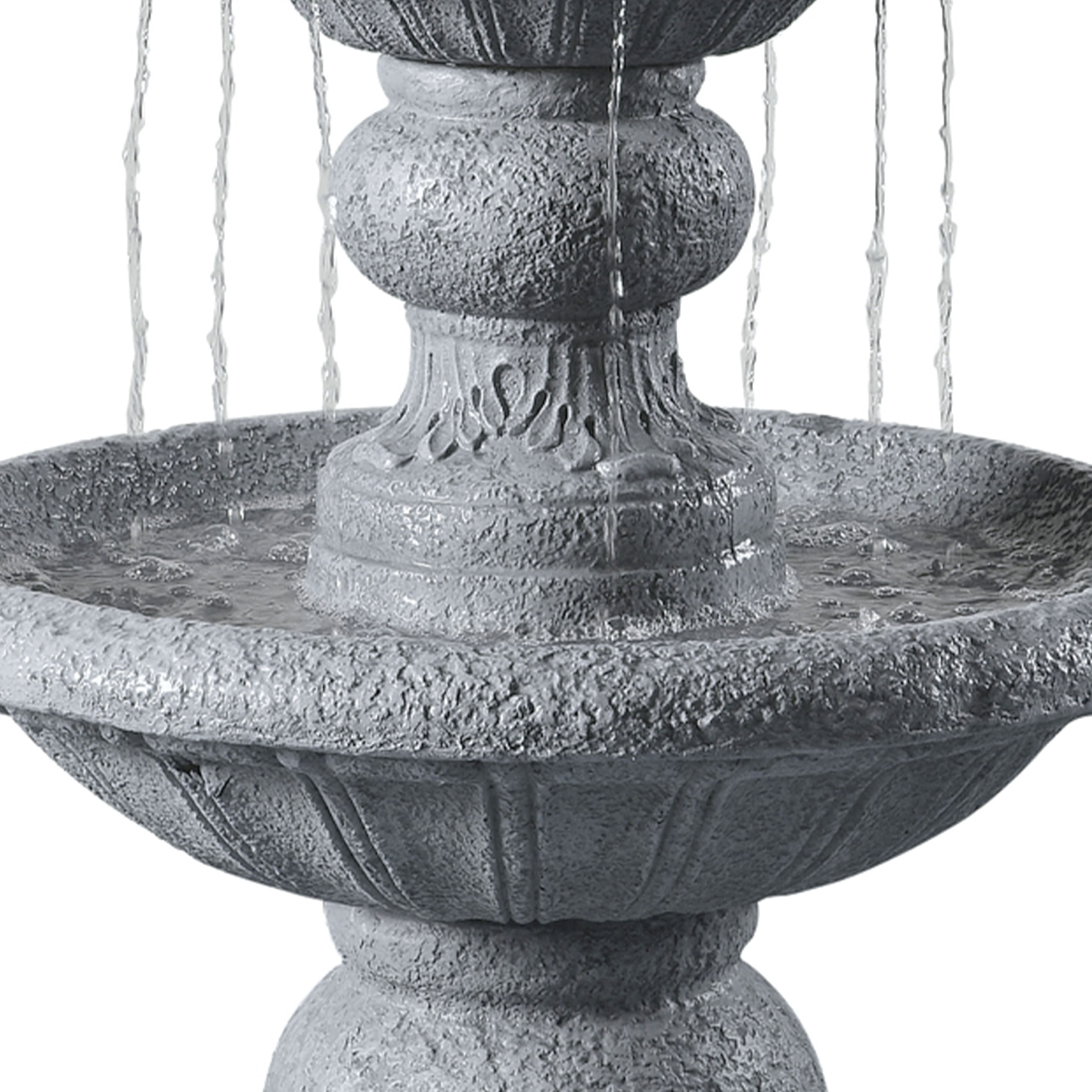 Teamson Home 2-Tier Pedestal Outdoor Water Fountain, Shallow Basin with Adjustable Flow & Electric Pump, Gray