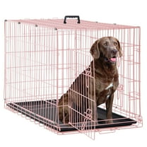 CL.HPAHKL 48 Inch Dog Crates for Large Dogs with Divider, Foldable Metal Wire Dog Crate with Double Door, Locks, Leak-Proof Pan Tray, Handle Metal Dog Kennel for Indoor, Outdoor, Travel, Pink