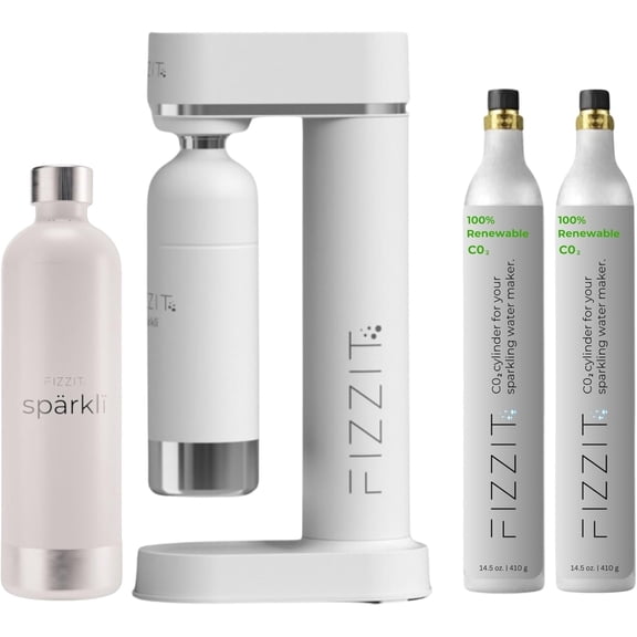White Stainless Steel Sparkling Water Maker with 2 CO2 Cylinders & 1L Reusable Stainless Steel Bottle For Soda Makers