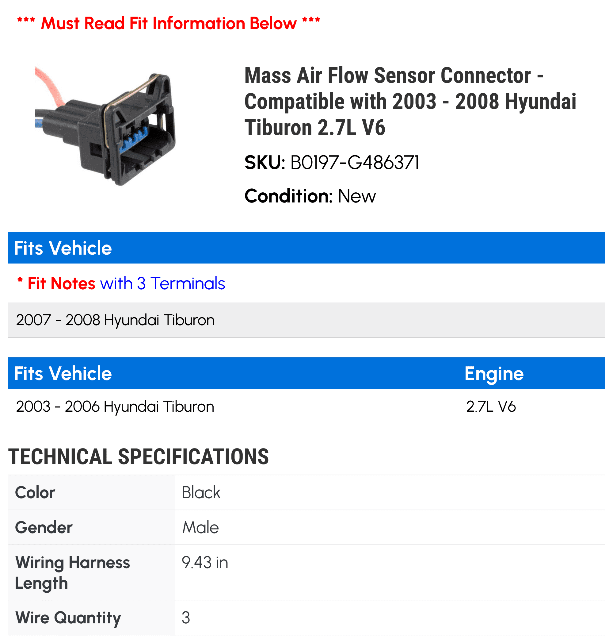 Mass Air Flow Sensor Connector - Compatible with 2003 - 2008