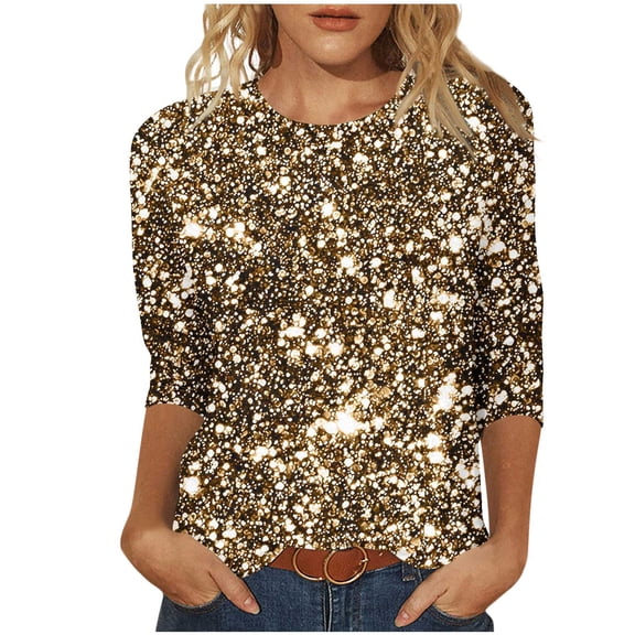 qucoqpe Womens Sequin Tops 3/4 Sleeve Crew Neck Sparkling T-shirts Fashion Casual Loose Blouses