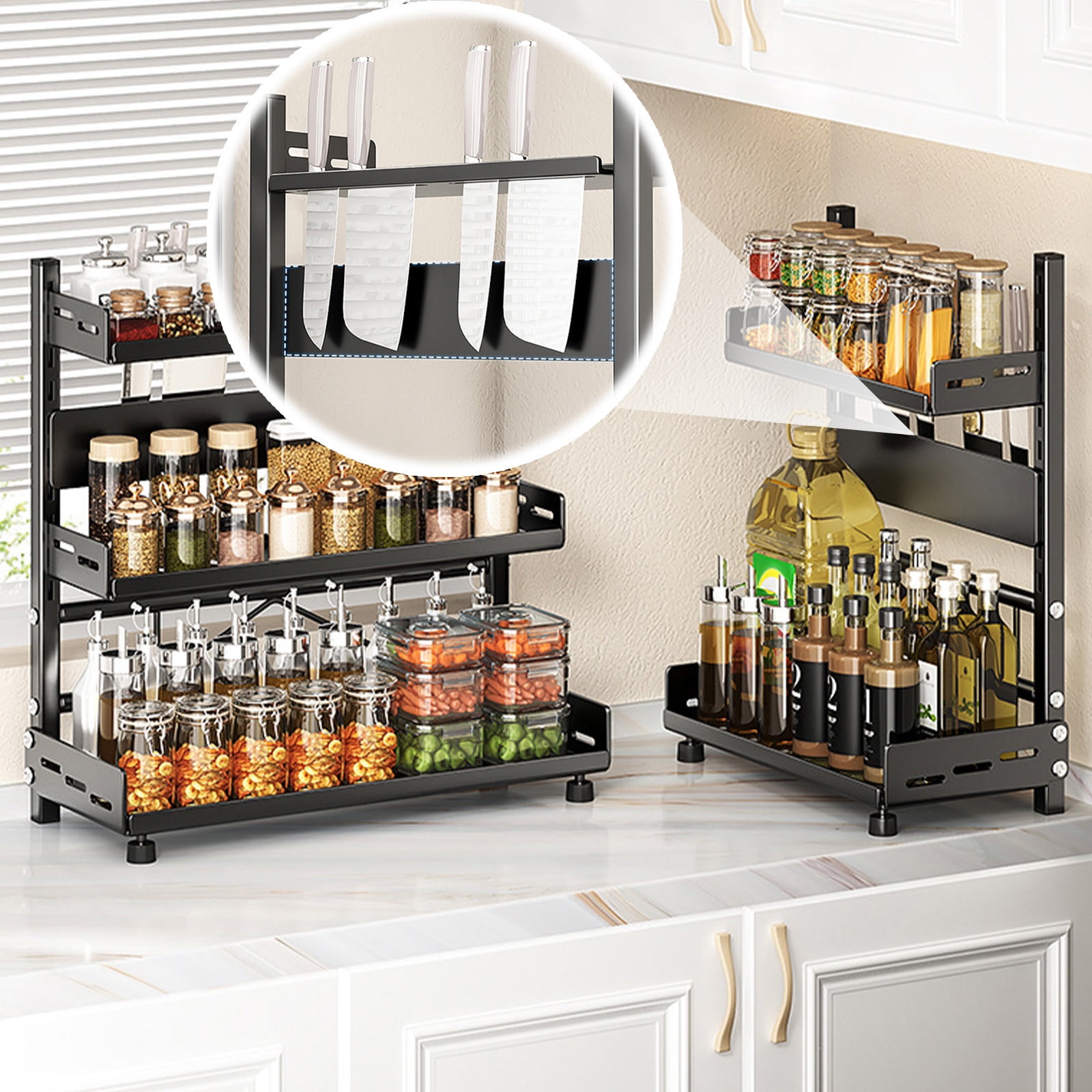 Générique Pantry Shelves, Cabinet Shelf Expandable, Space Saving Stackable Organizer, 21.26in Non Slip Heavy Duty Rack, Adjustable Multi Layer Design, Cupboard Storage Rack for Home, Kitchen