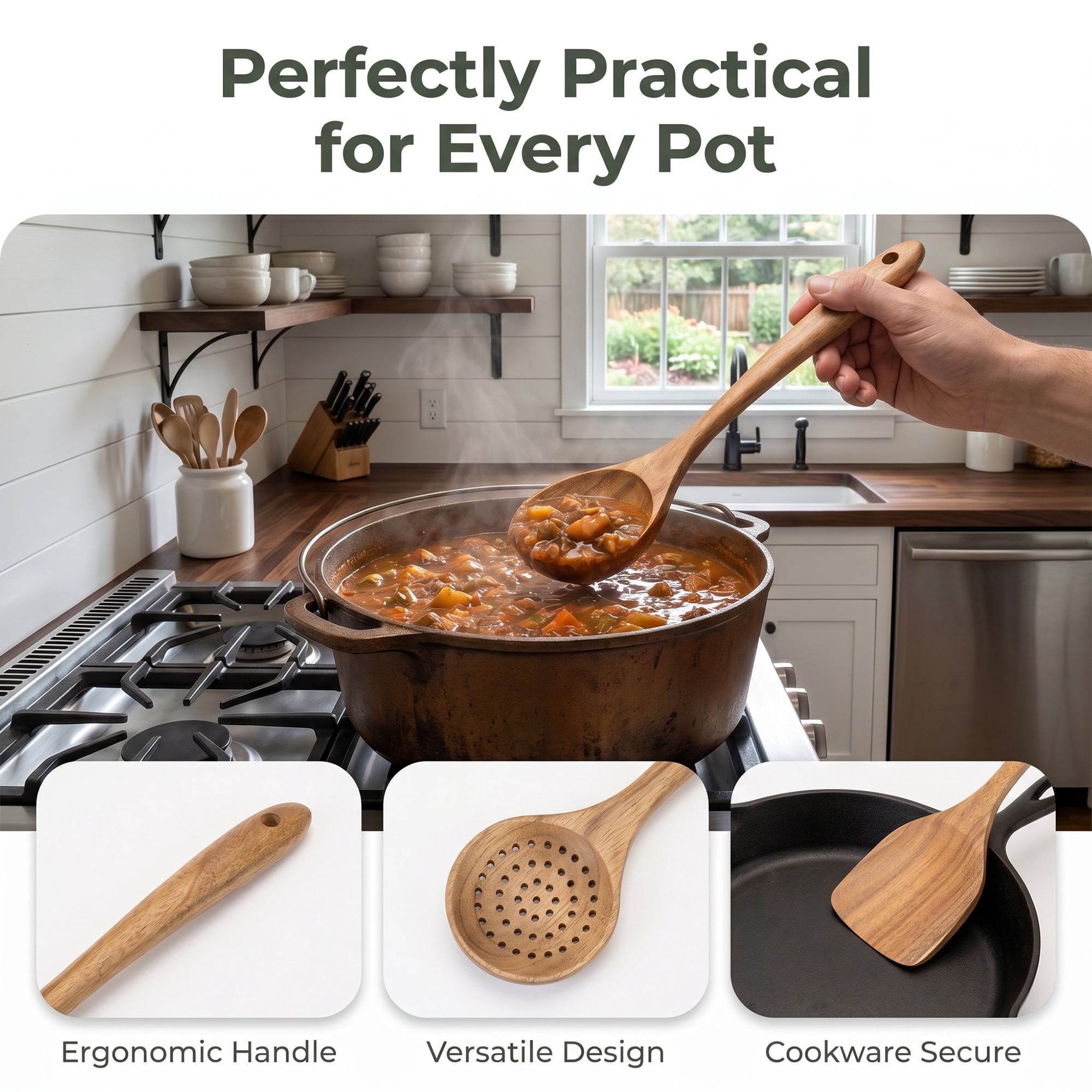 Unique Bargains 7 Pcs Useful Wood Kitchen Utensil Essential Gadgets Set Brown A