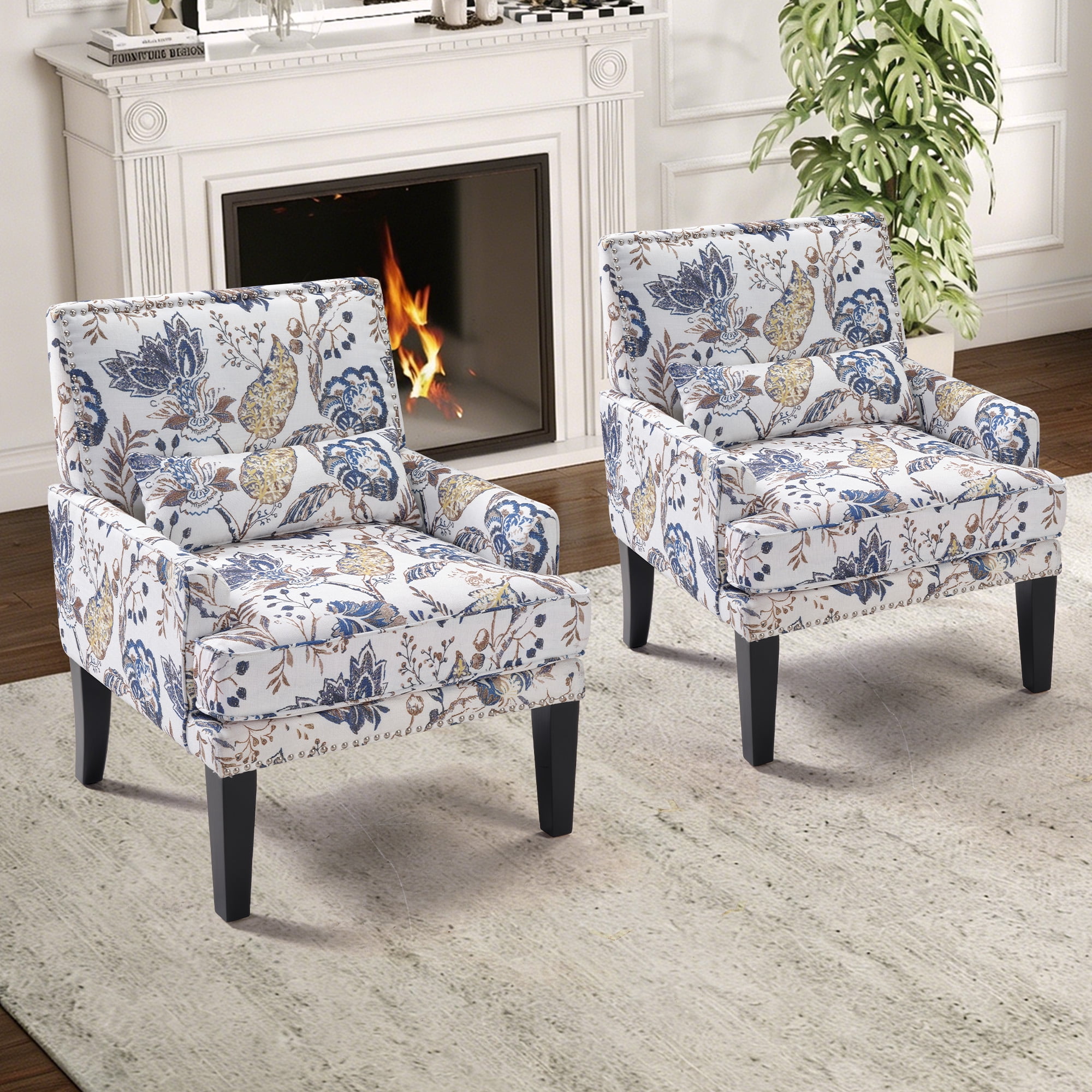 Bonzy Home Modern Floral Print Accent Chair with Arms and Wooden Legs, 2-Pack Mid‑Century High‑Back Wing Chair with Padded Armrests & Cushioned Seat for Living Room, Blue Yellow Floral