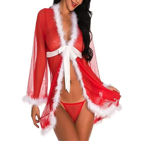 

Spring hue Women Christmas Lace Lingerie Babydoll Nightwear Set