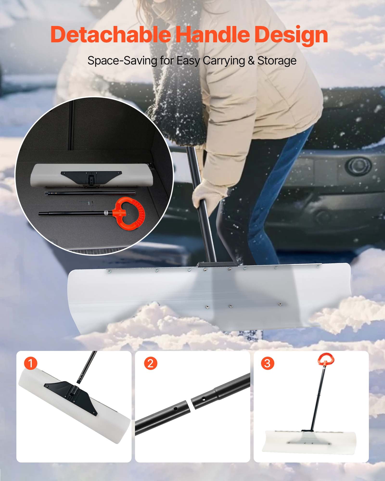 VEVOR Snow Pusher Shovel, 36 in Outdoor Snowplow Shovel with Ergonomic Grip, HDPE Plastic Blade, Winter Shovels with Segmented Handle, Metal Edged Strip,Portable Snow Removal Tool for Driveway Garden