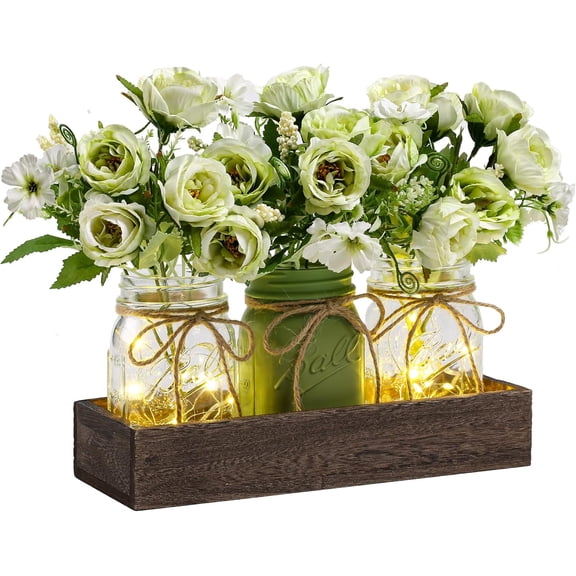 KitchenKey 3 Pcs Mason Jar Centerpiece Table Decorations for Dining Farmhouse Coffee Table Decor with Wood Tray and Led Light Table Centerpieces for Dining room Kitchen Living Bathroom,Green