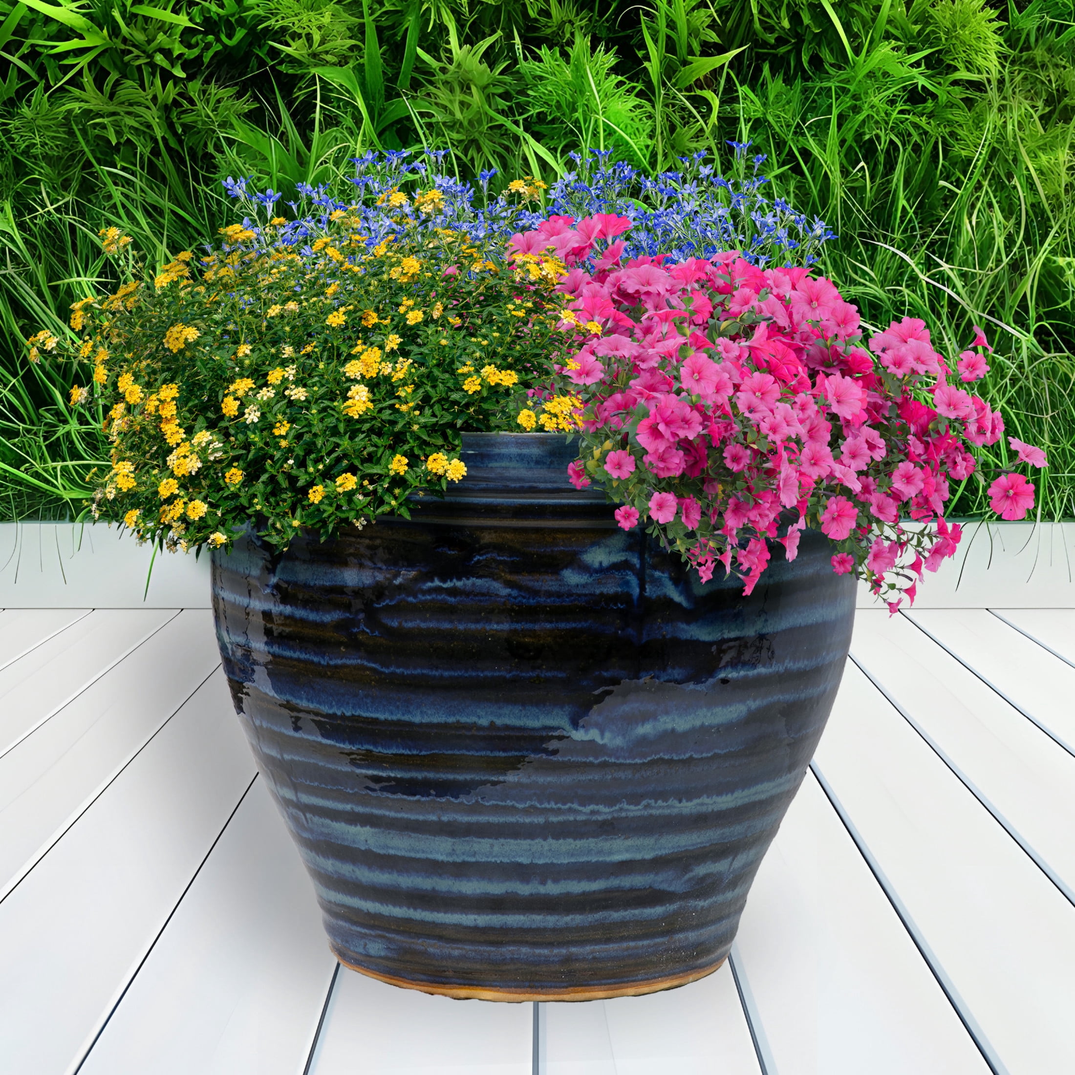 Sunnydaze Studio 18.5" x 18.5" x 15" Round Galaxy Blue Ceramic Outdoor Planter