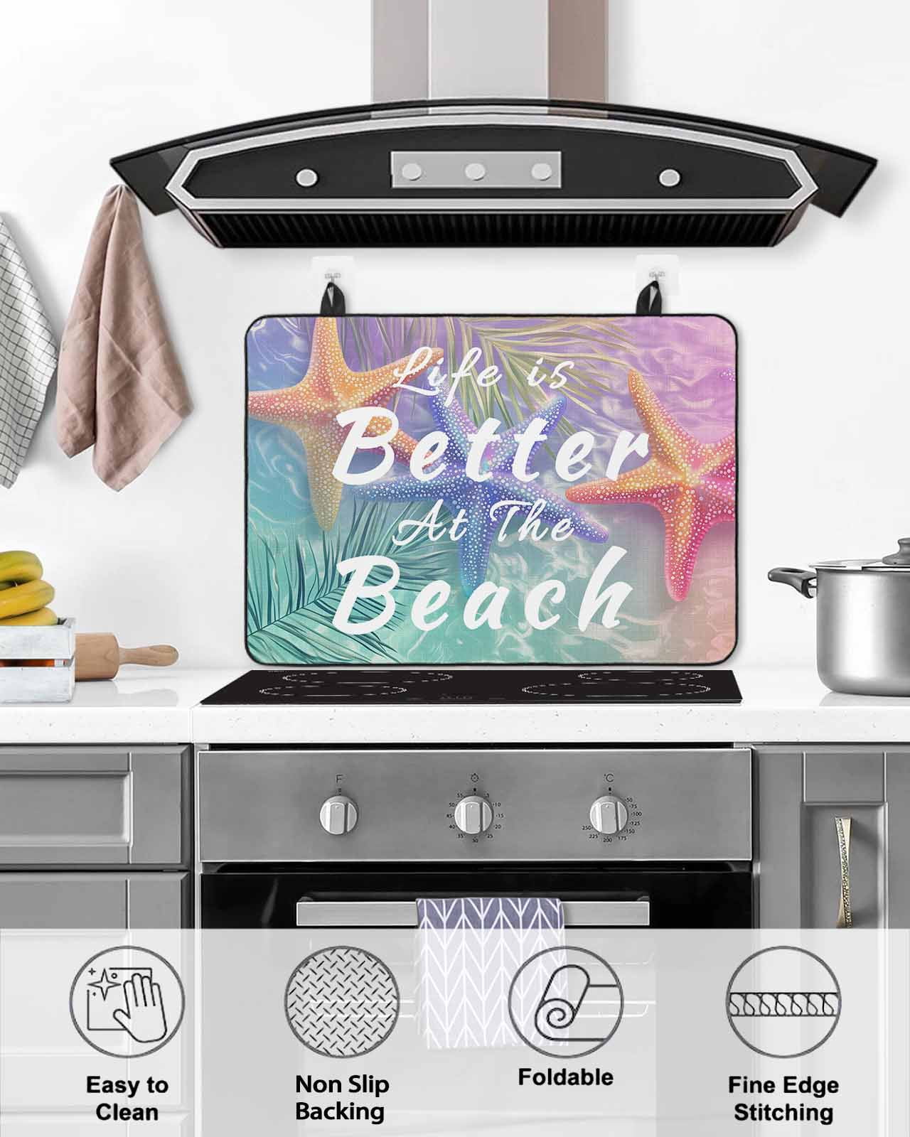 nqOlkjepod Large Induction Cooktop Protector Mat 28.5"x20.5", Summer Beach Starfish Stove Top Covers for Electric Stove, Vintage Romantic Palm Leaves Stove Burner Cover Mats, Glass Top Stove Cover