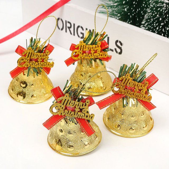 Paquete de 4 mini lazos navideños con campanas, para árbol de Navidad, suministros de decoración para fiestas, decoración del hogar, accesorios para colgar árboles de Navidad (dorado)