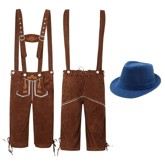 German Oktoberfest for Men Lederhosen Overalls Jumpsuit with Classic Bavarian Hat Complete Two Piece Set Outfit