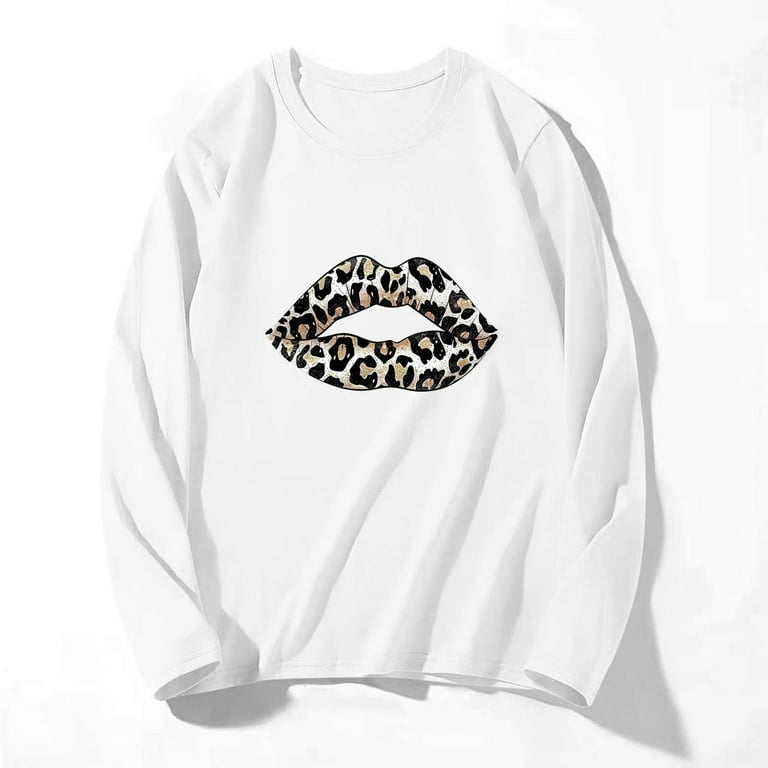 Women's Leopard Lips Shirts Funny Graphic Tees Casual Long Sleeve
