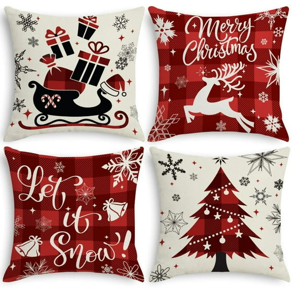 Presence 4 PCS Christmas Red Buffalo Plaid Pillow Covers, Home Indoor Christmas Decorations Props