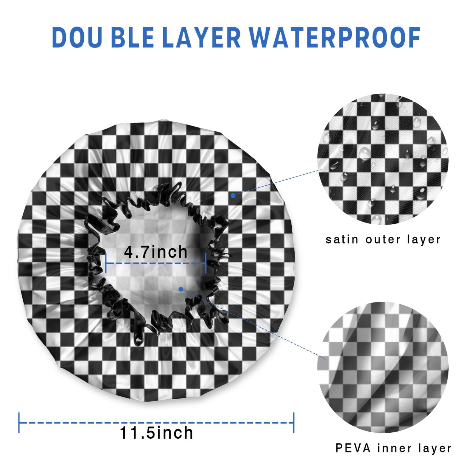Shower Caps,Black and White Checkered Pattern Waterproof Shower Cap for Women 4 Pieces,Double Reusable Hair Cover for Shower PEVA Elastic Stretch Hem