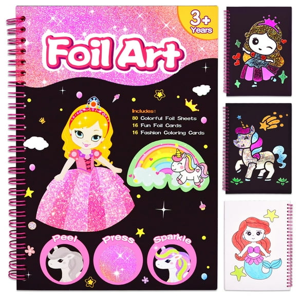 LICSOR Arts and Crafts Activity for Kids, Foil Craft Fun Unicorn Princess Mermaid Foil Painting 2-in-1 Book for Girls Age 4-6-8 Years Old, Birthday Valentine's Day Gifts for Kids