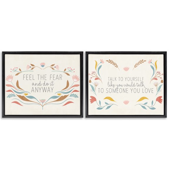 Stupell Industries Comforting Confident Phrases Plants & Flowers Painting Black Floater Framed Canvas Art Print Wall Art, 21 x 17, Set of 2
